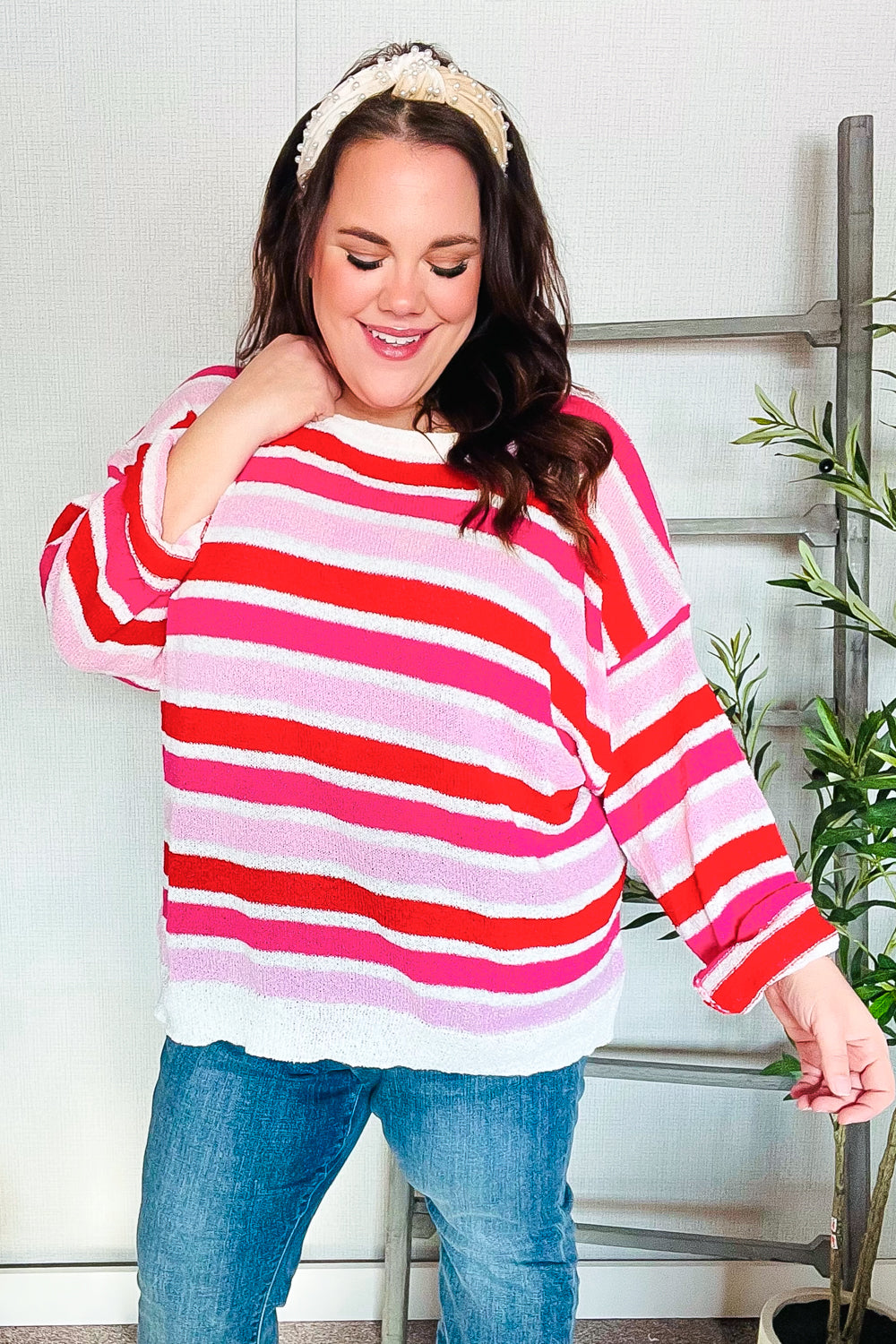 Red/Pink Loose Knit Stripe Ribbed Pullover