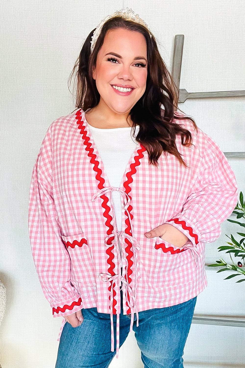 Red & Pink Cotton Ribbon Tie Gingham Pocket Jacket