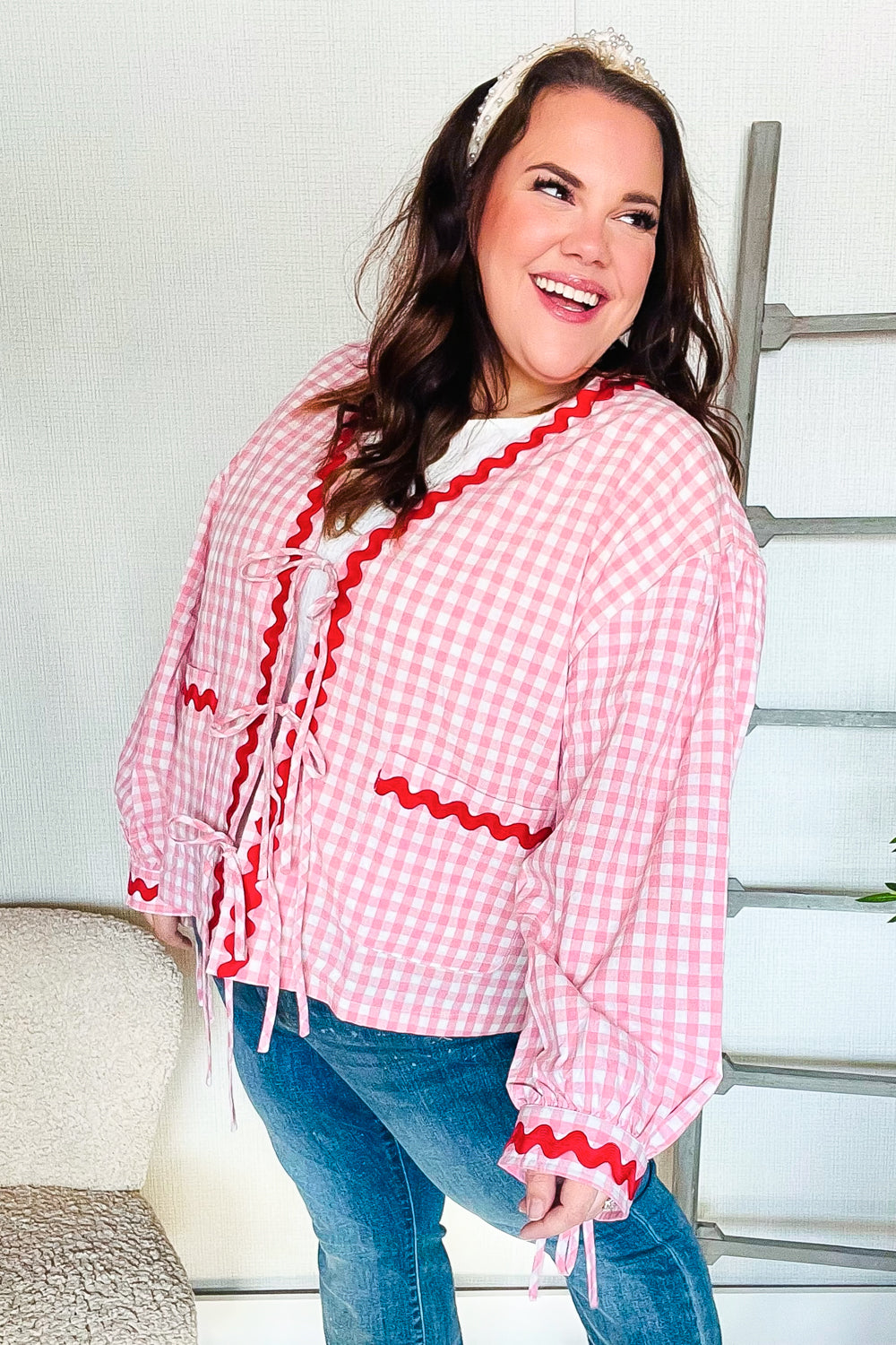 Red & Pink Cotton Ribbon Tie Gingham Pocket Jacket