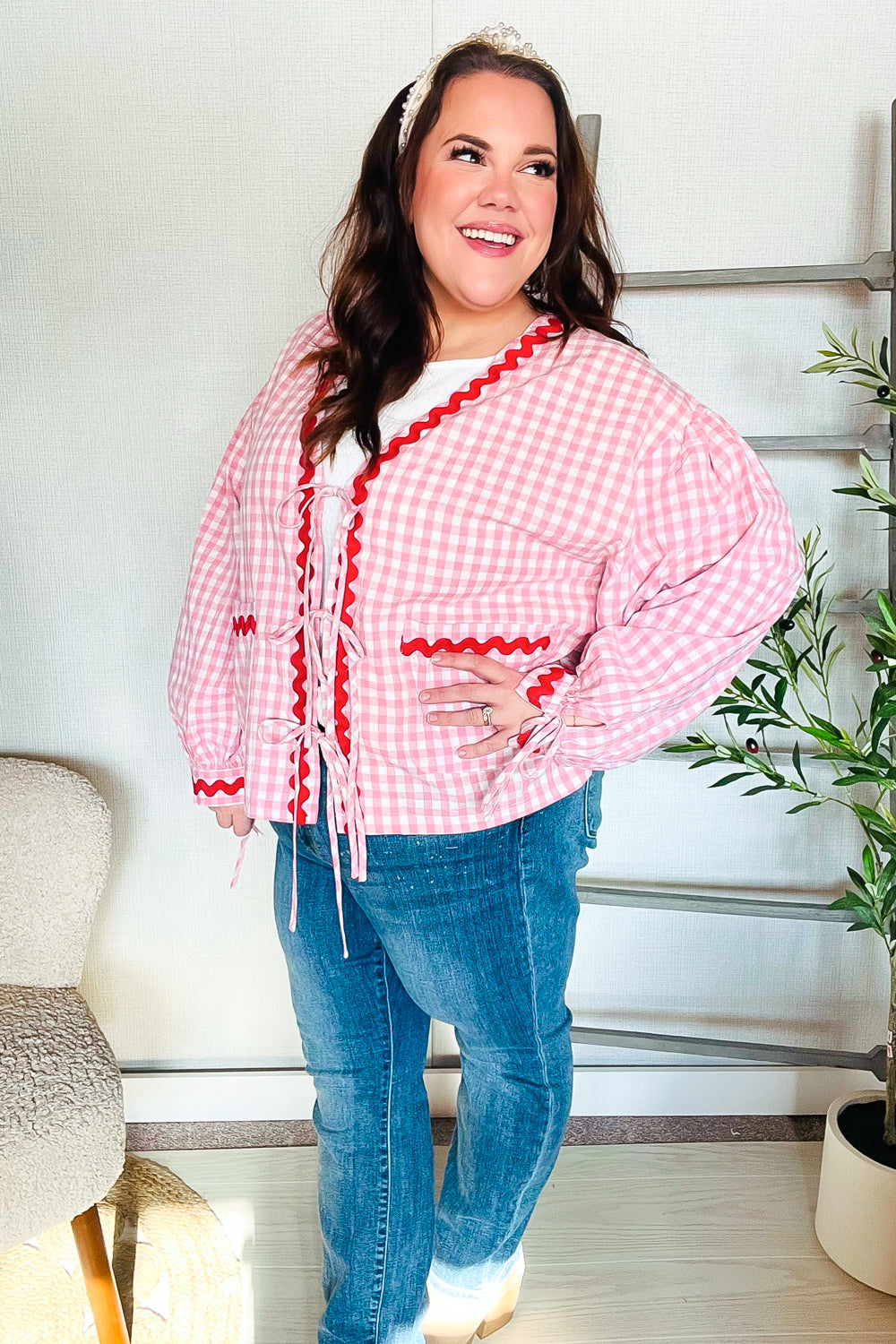 Red & Pink Cotton Ribbon Tie Gingham Pocket Jacket