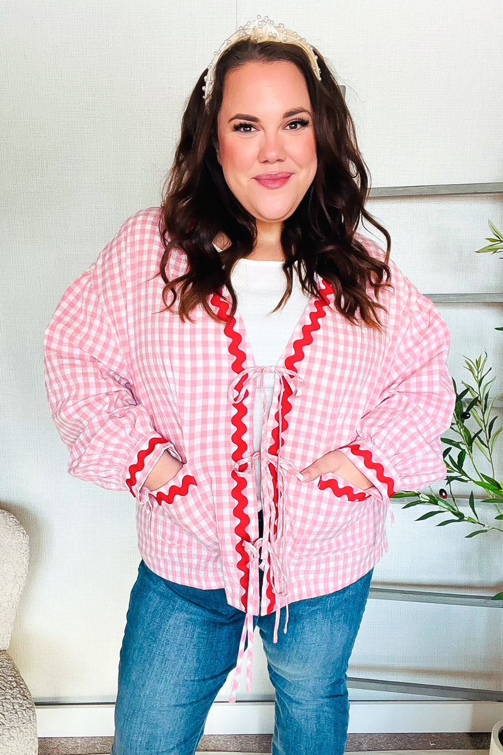 Red & Pink Cotton Ribbon Tie Gingham Pocket Jacket