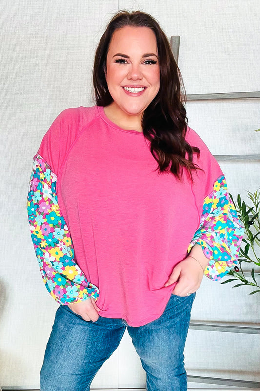 Pink & Floral Bubble Sleeve French Terry Pullover