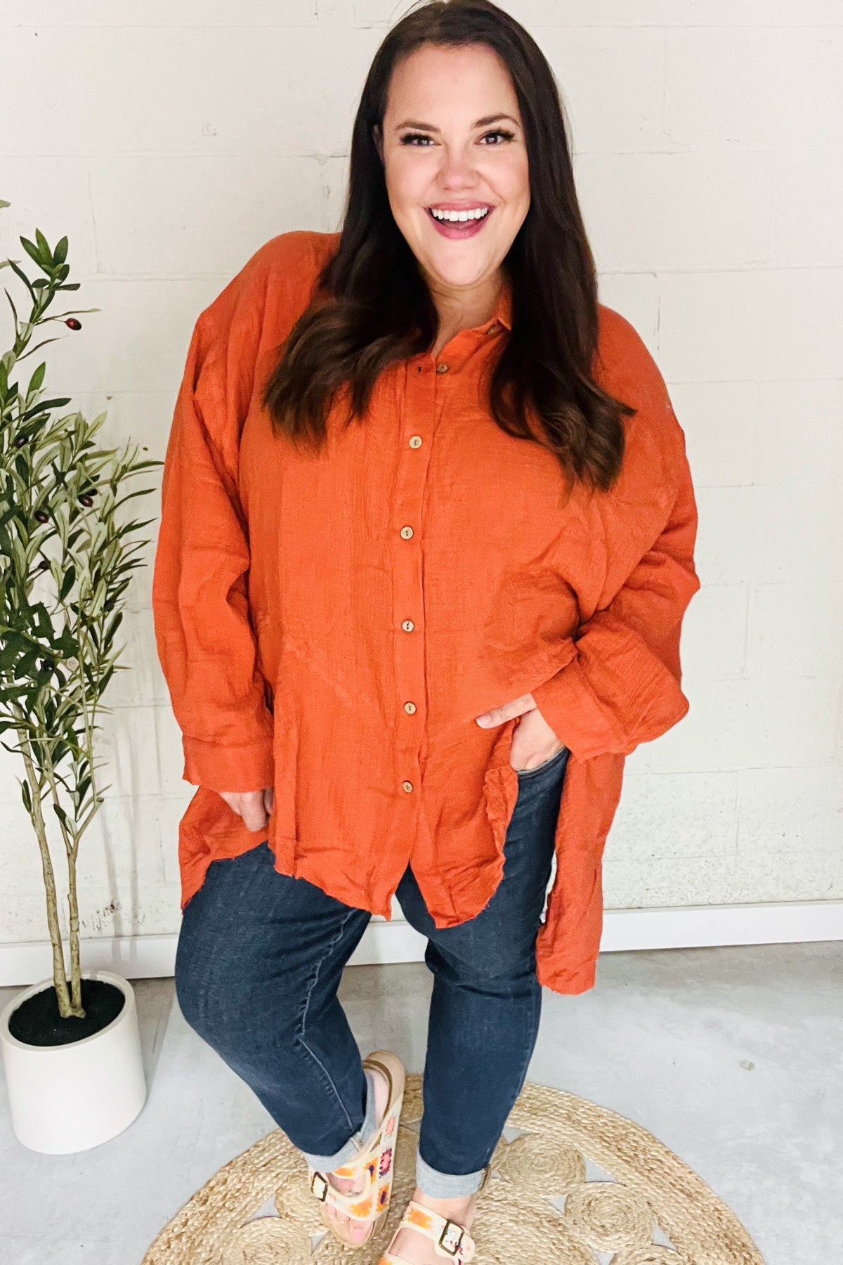 Haptics Rust Button Down Sharkbite Cotton Tunic Top