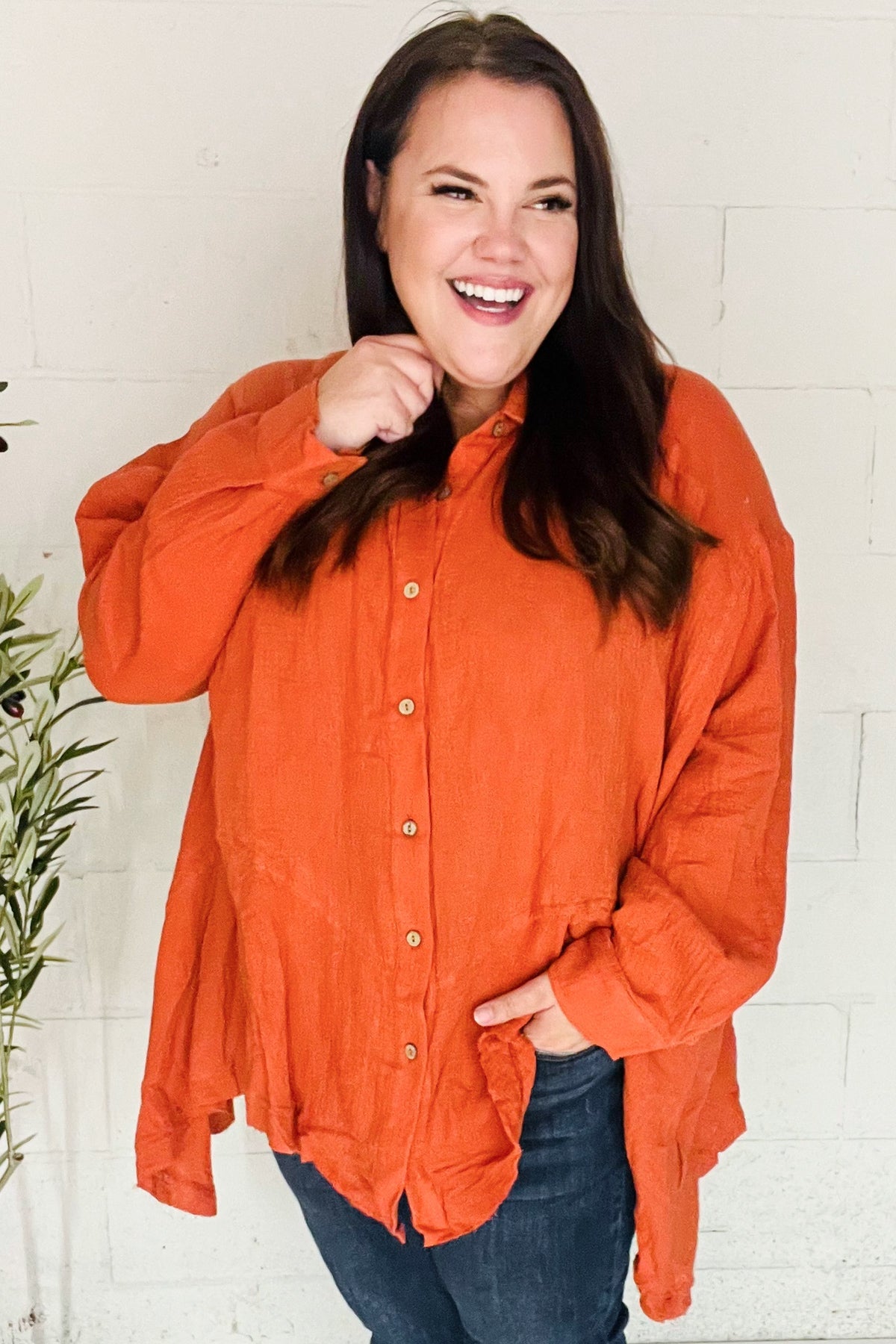 Haptics Rust Button Down Sharkbite Cotton Tunic Top