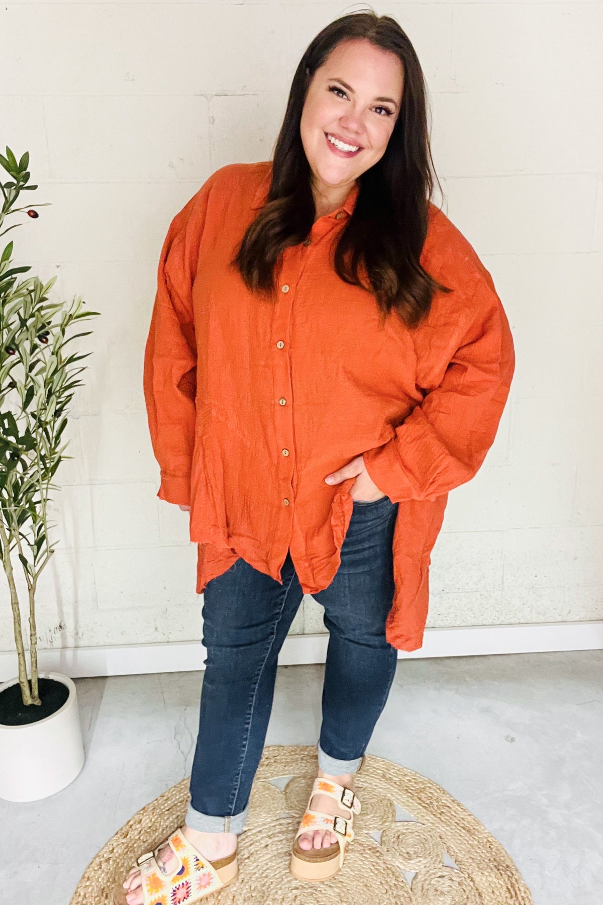 Haptics Rust Button Down Sharkbite Cotton Tunic Top