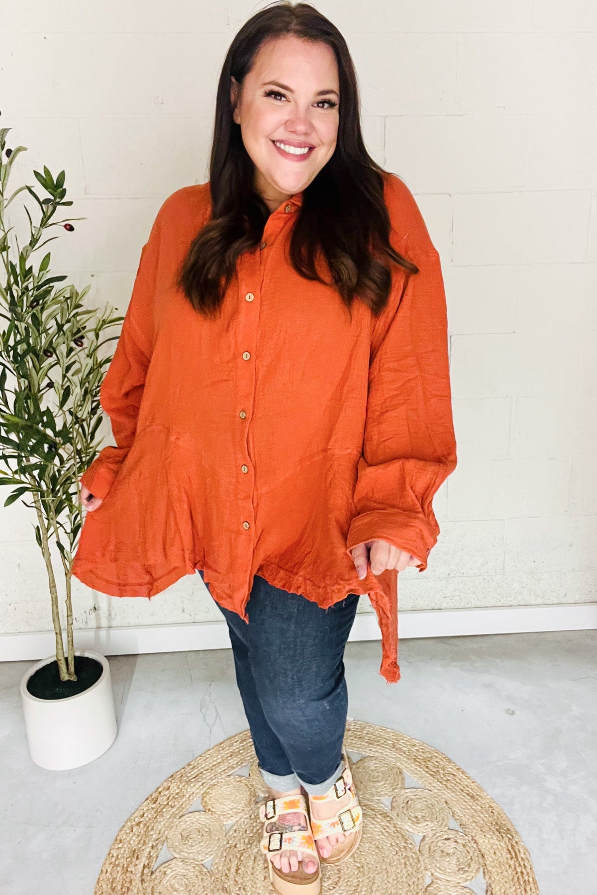 Haptics Rust Button Down Sharkbite Cotton Tunic Top