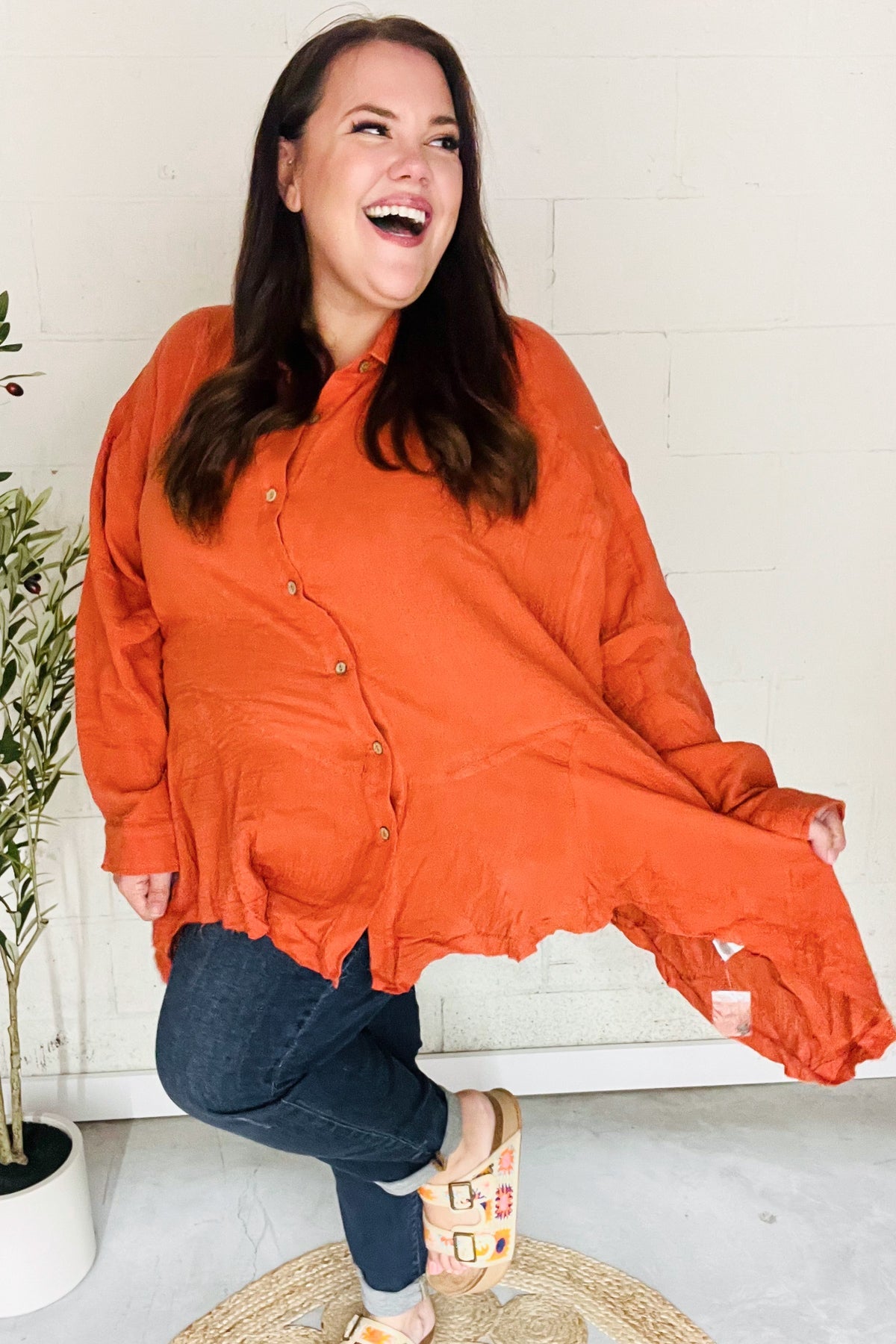 Haptics Rust Button Down Sharkbite Cotton Tunic Top