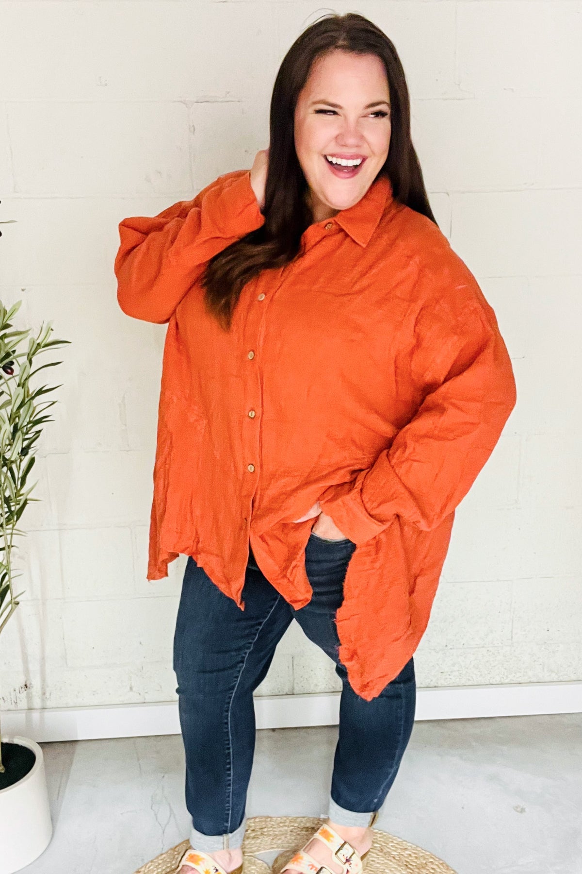 Haptics Rust Button Down Sharkbite Cotton Tunic Top