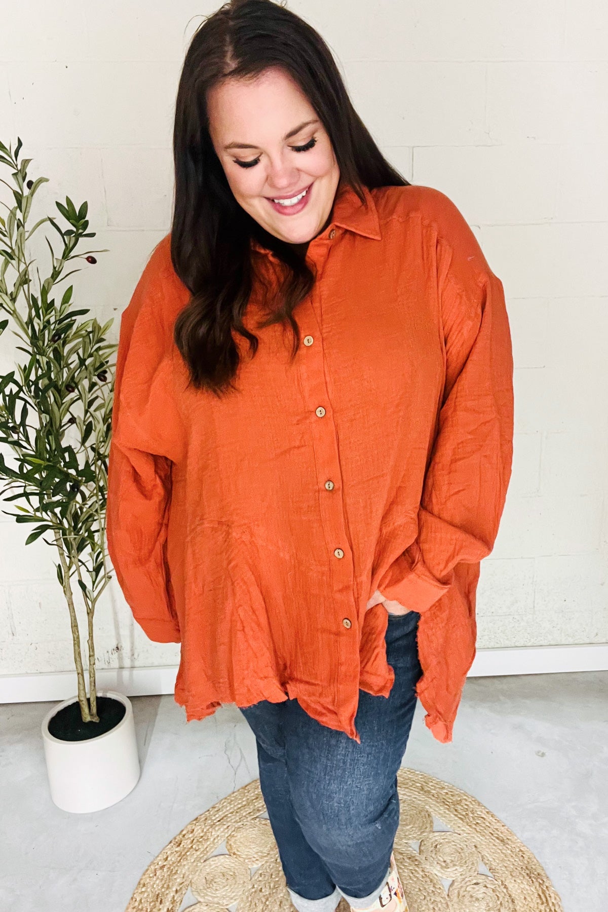 Haptics Rust Button Down Sharkbite Cotton Tunic Top