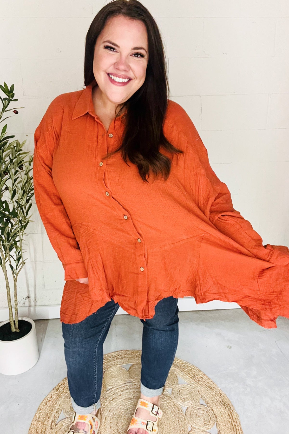 Haptics Rust Button Down Sharkbite Cotton Tunic Top