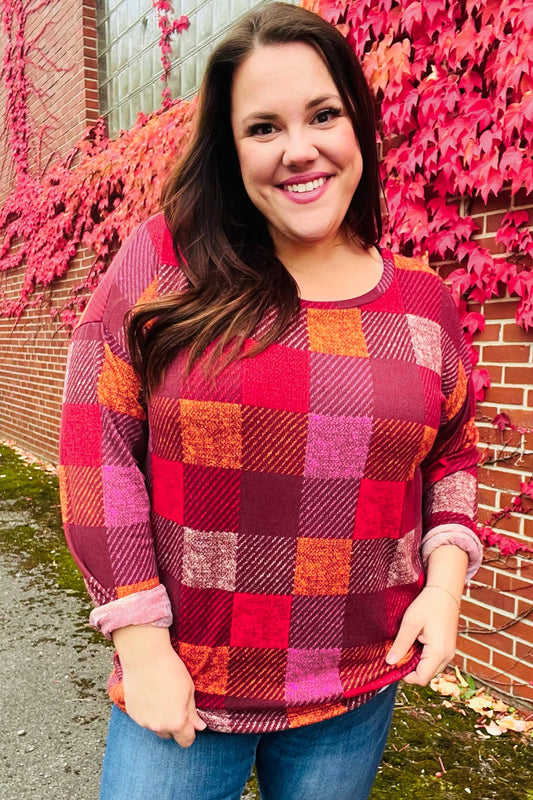 Haptics Burgundy Checker Plaid Print Hacci Knit Top