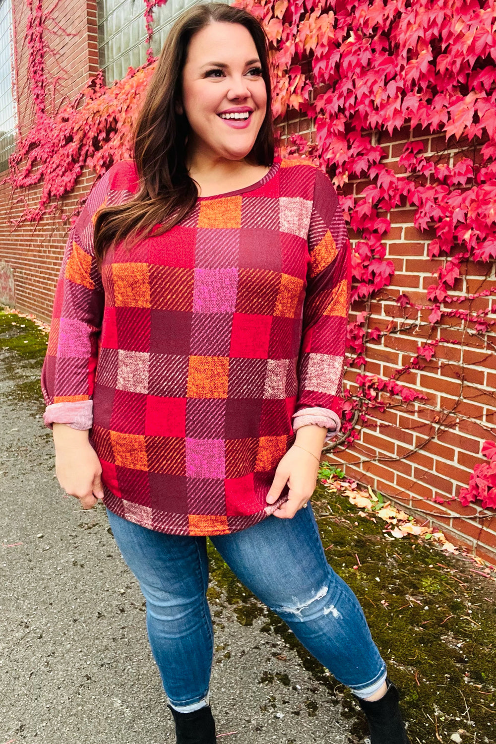 Haptics Burgundy Checker Plaid Print Hacci Knit Top