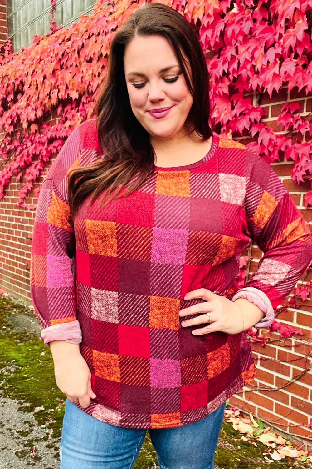 Haptics Burgundy Checker Plaid Print Hacci Knit Top