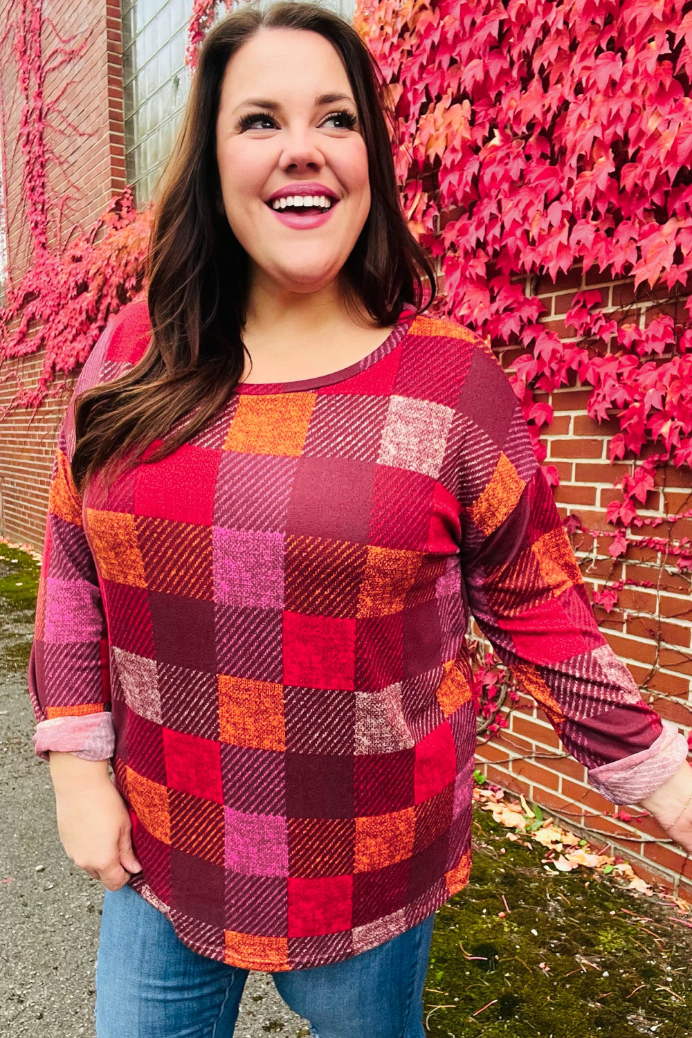 Haptics Burgundy Checker Plaid Print Hacci Knit Top