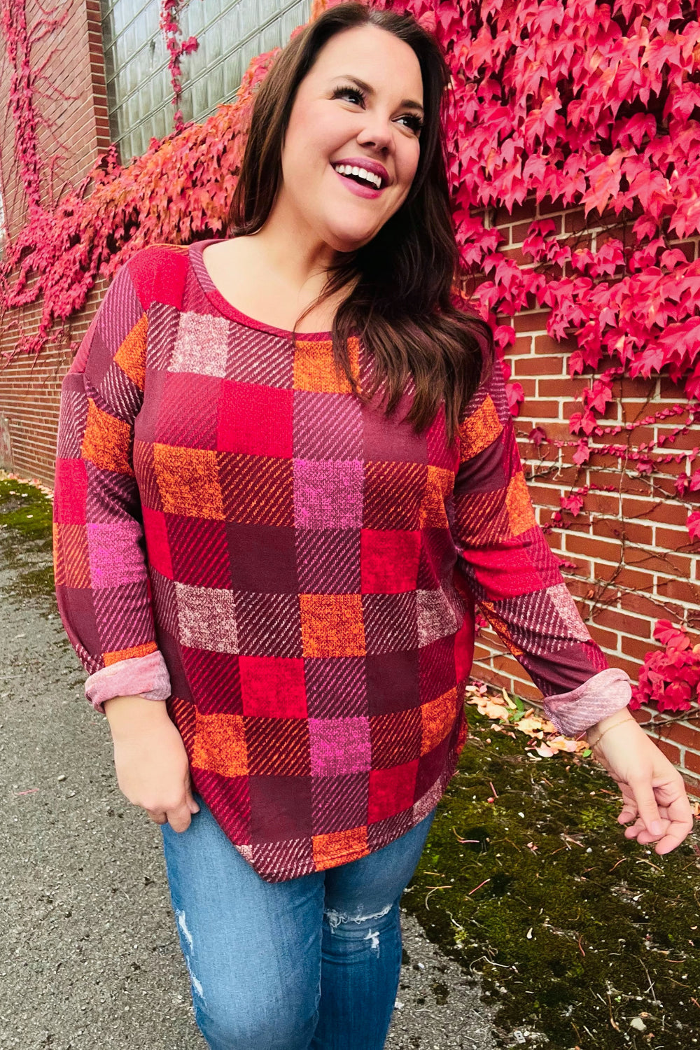 Haptics Burgundy Checker Plaid Print Hacci Knit Top