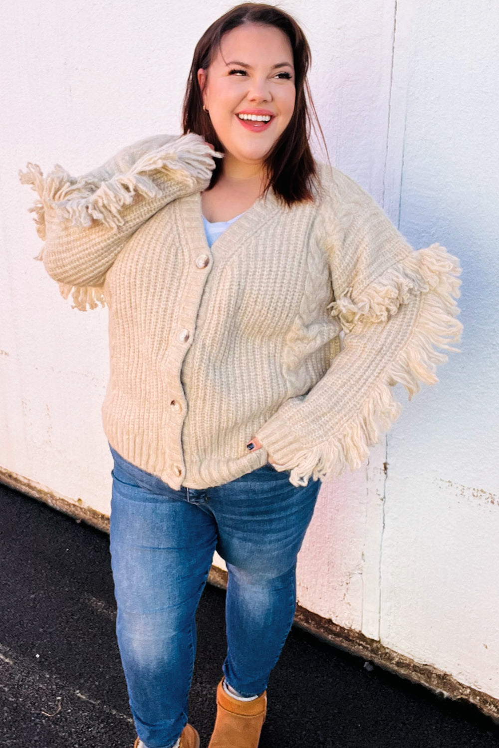 Oatmeal V Neck Fringe Chunky Cable Cardigan