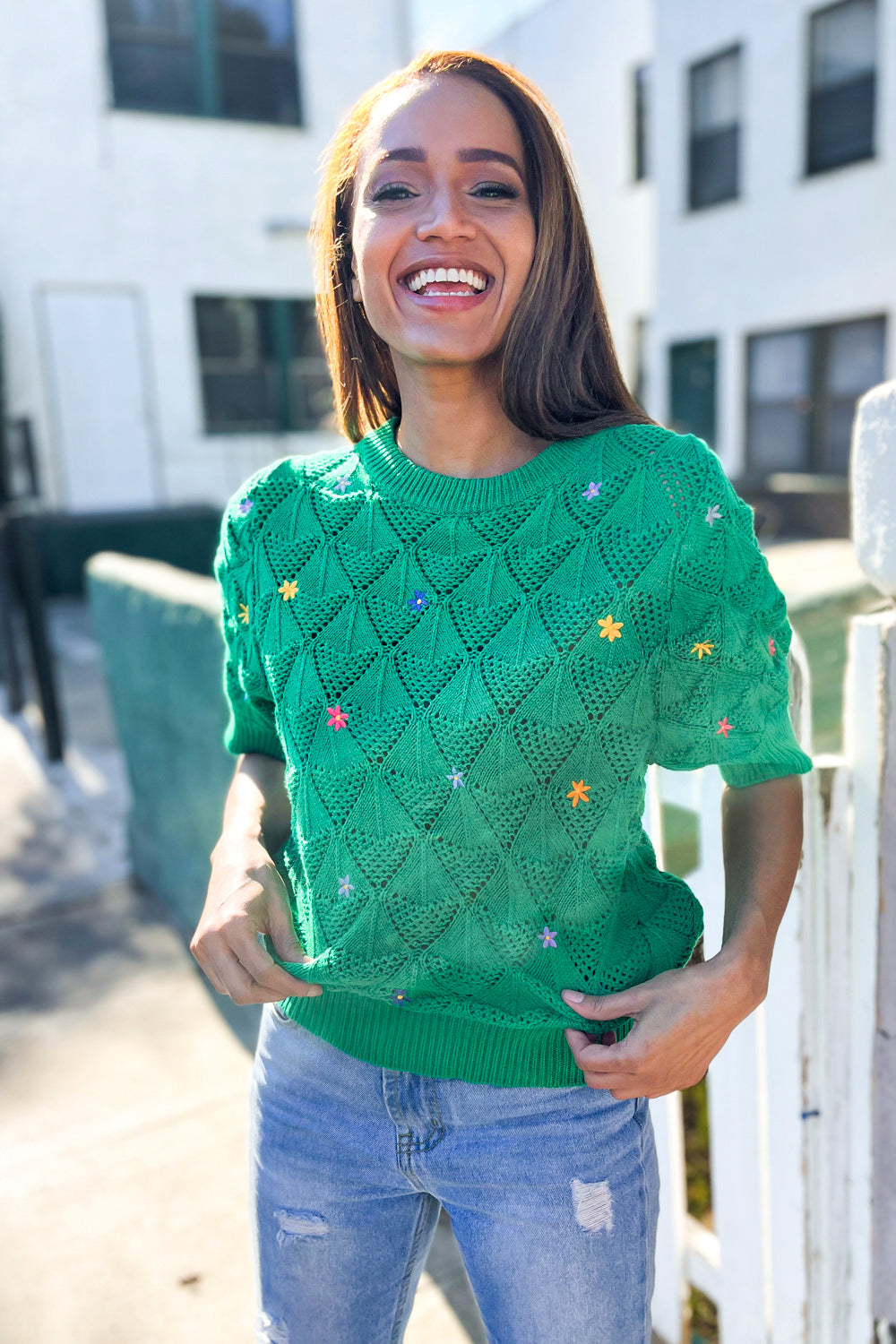 Embroidered Crochet Textured Short Sleeve Sweater