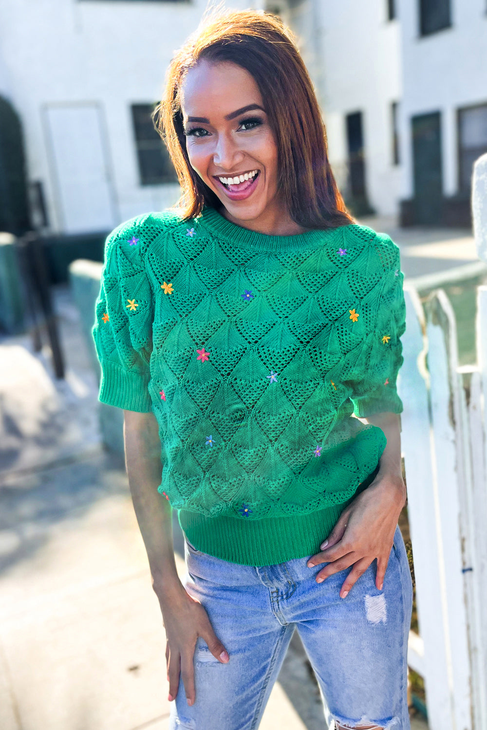 Embroidered Crochet Textured Short Sleeve Sweater