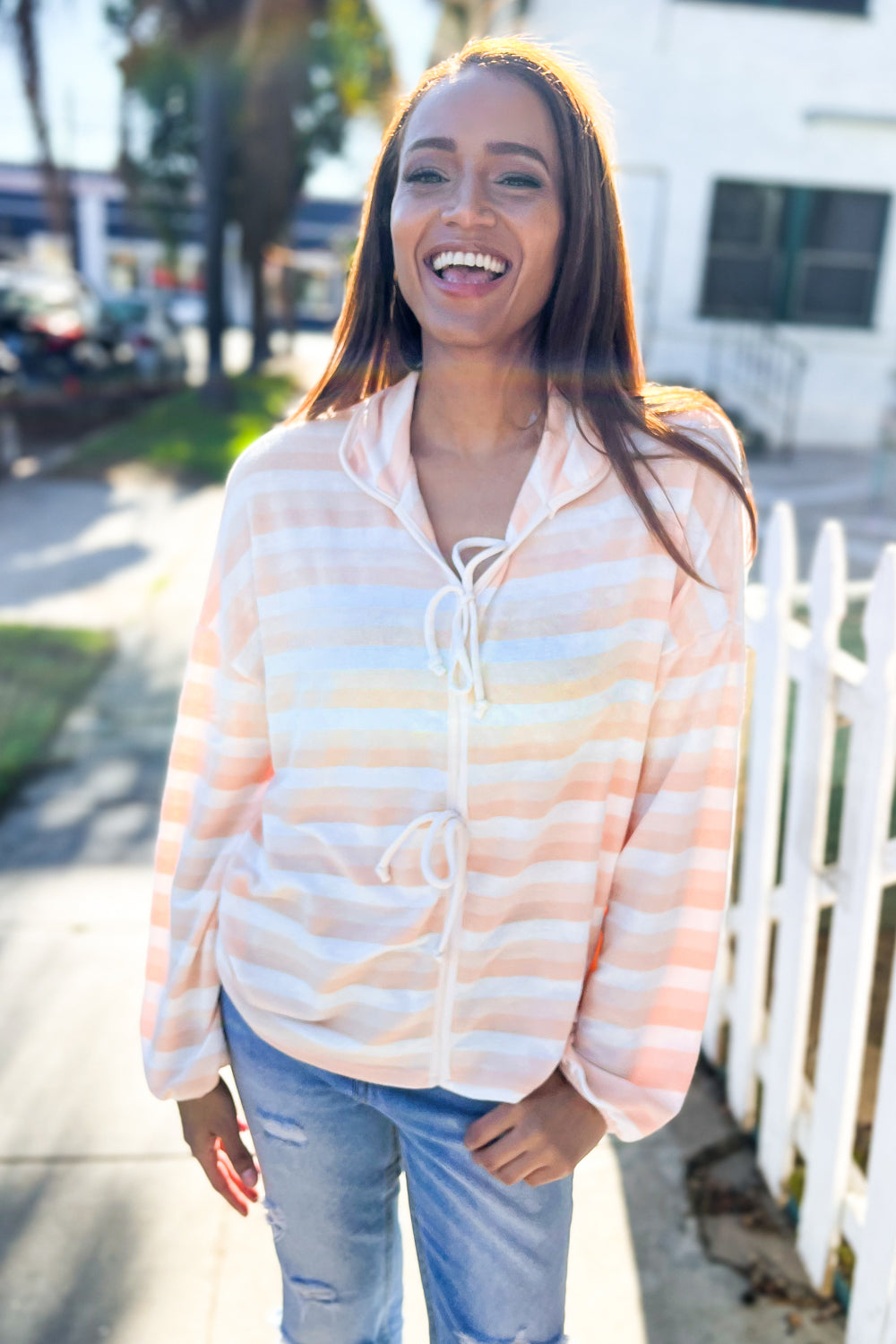 Beige & Ivory Collar Stripe Bow Tie Terry Top