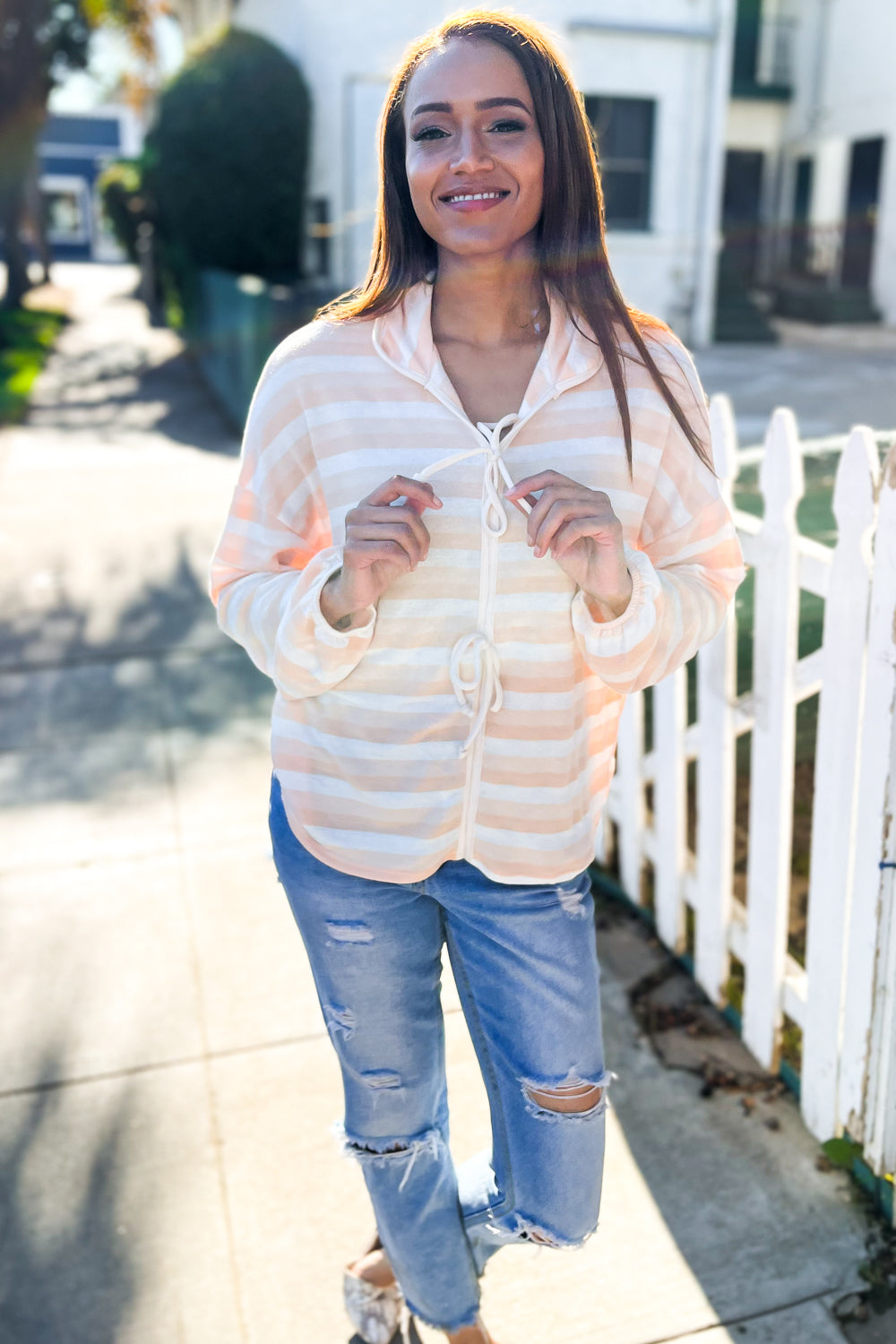 Beige & Ivory Collar Stripe Bow Tie Terry Top