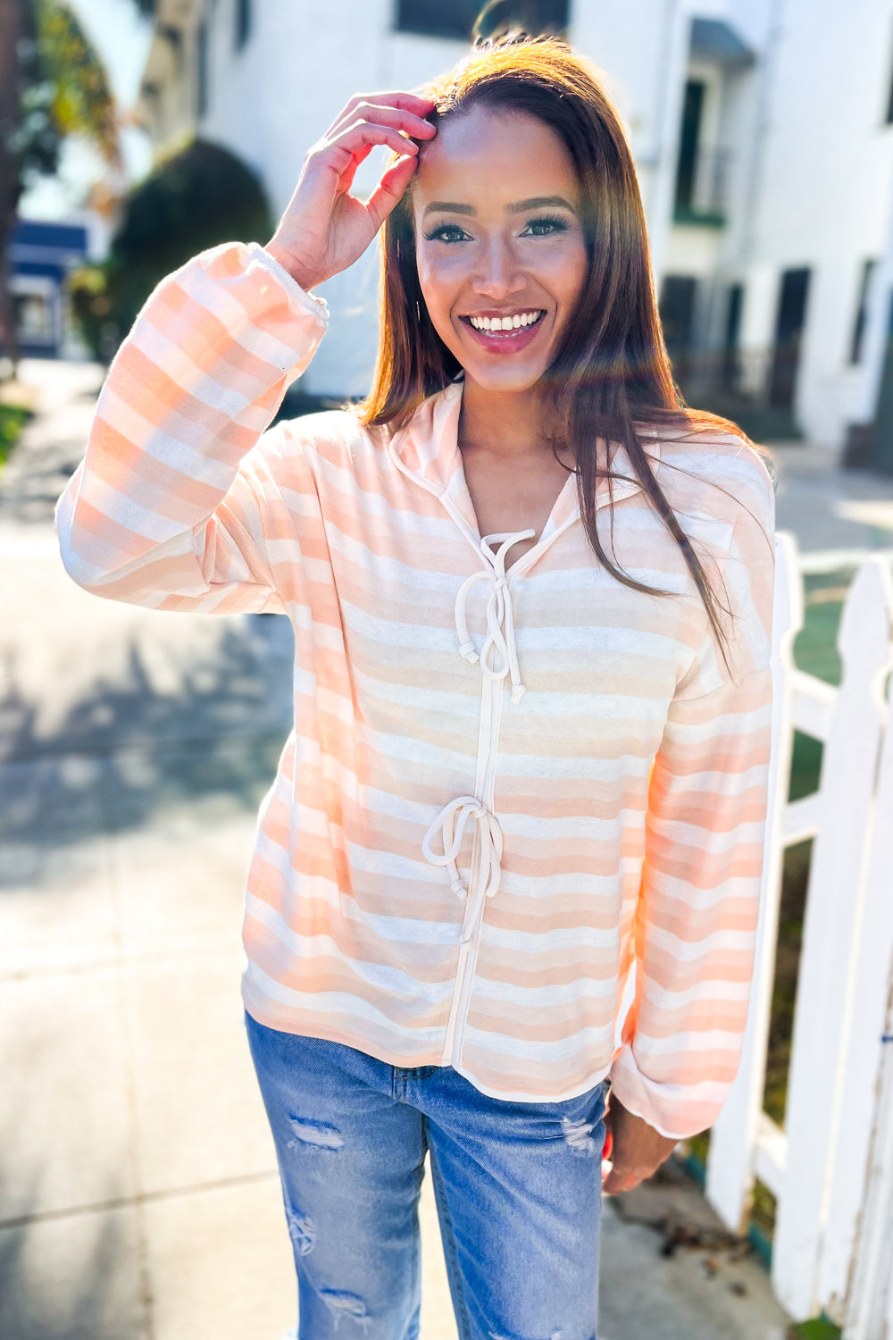 Beige & Ivory Collar Stripe Bow Tie Terry Top