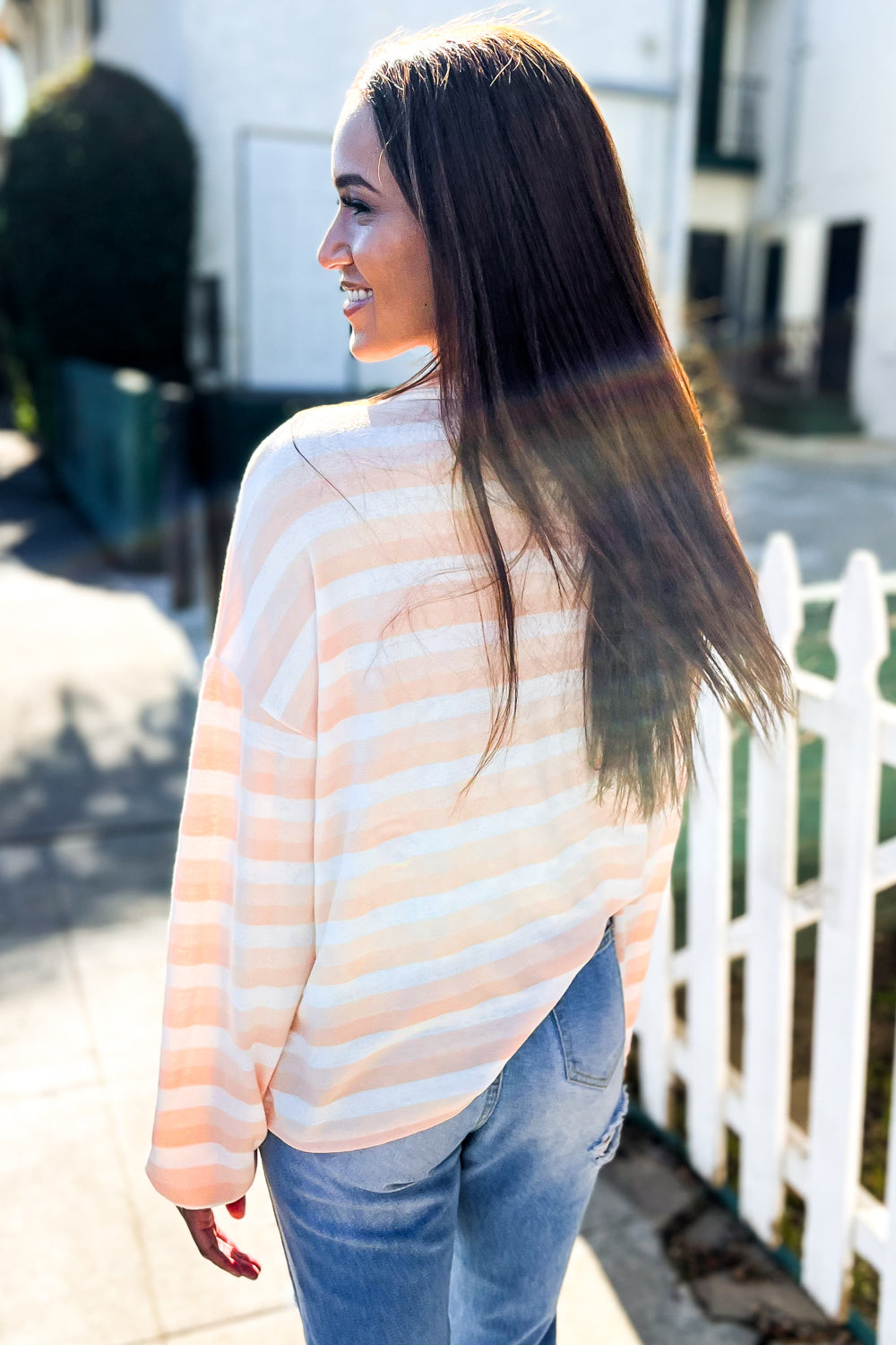 Beige & Ivory Collar Stripe Bow Tie Terry Top