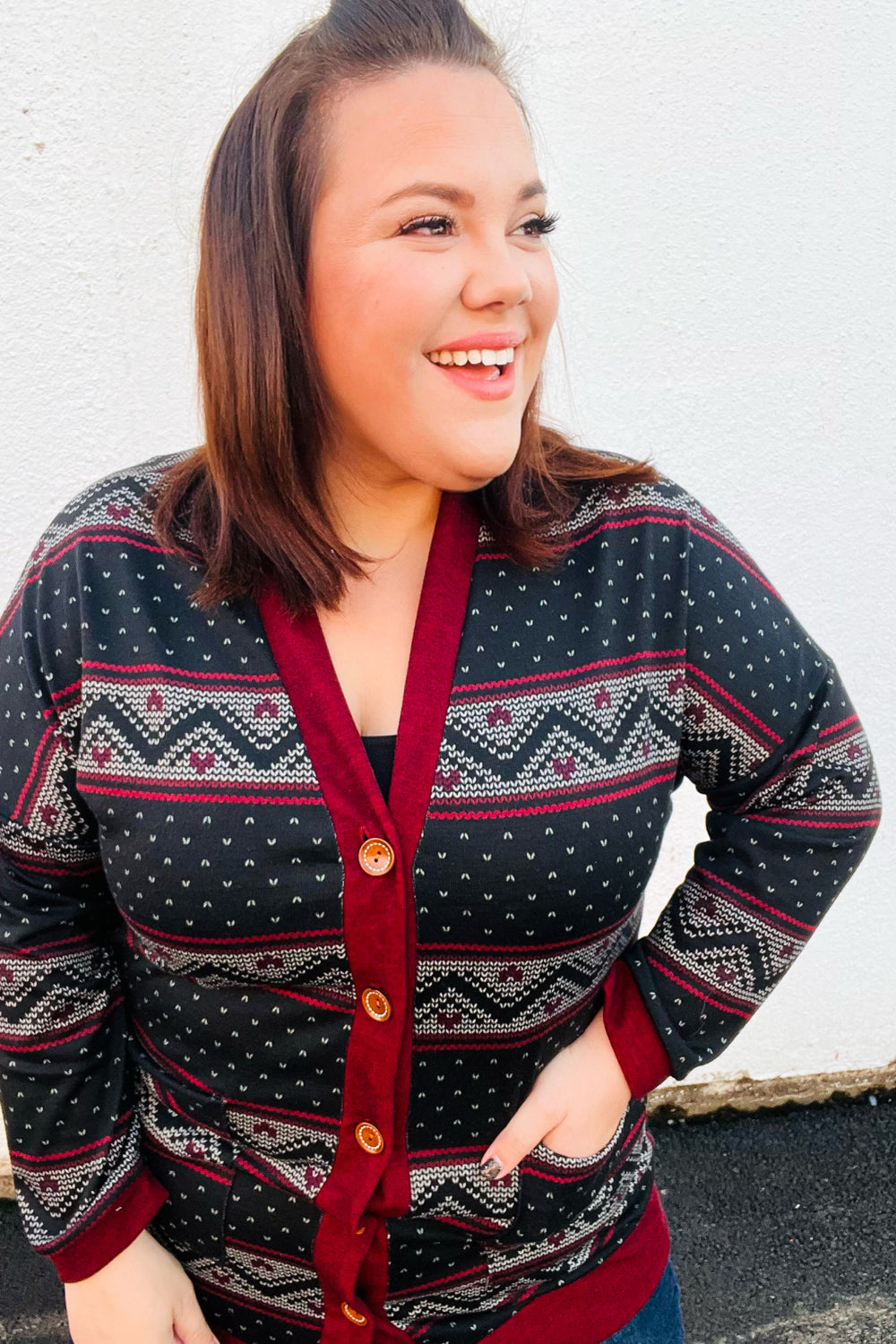 Burgundy Holiday Print Button Cardigan