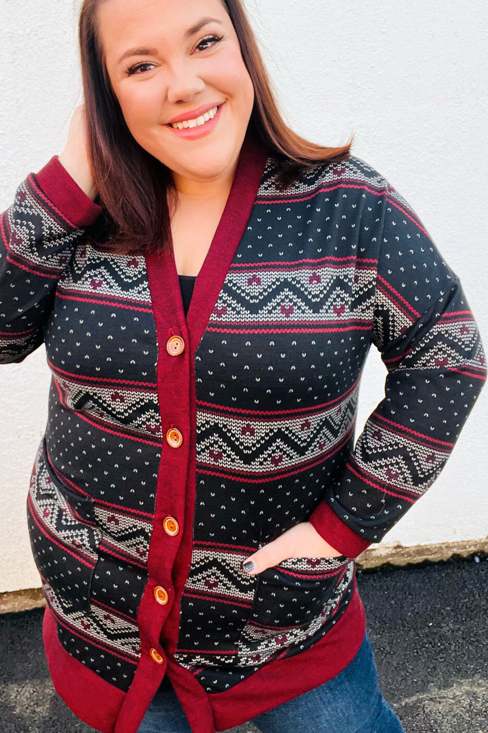 Burgundy Holiday Print Button Cardigan