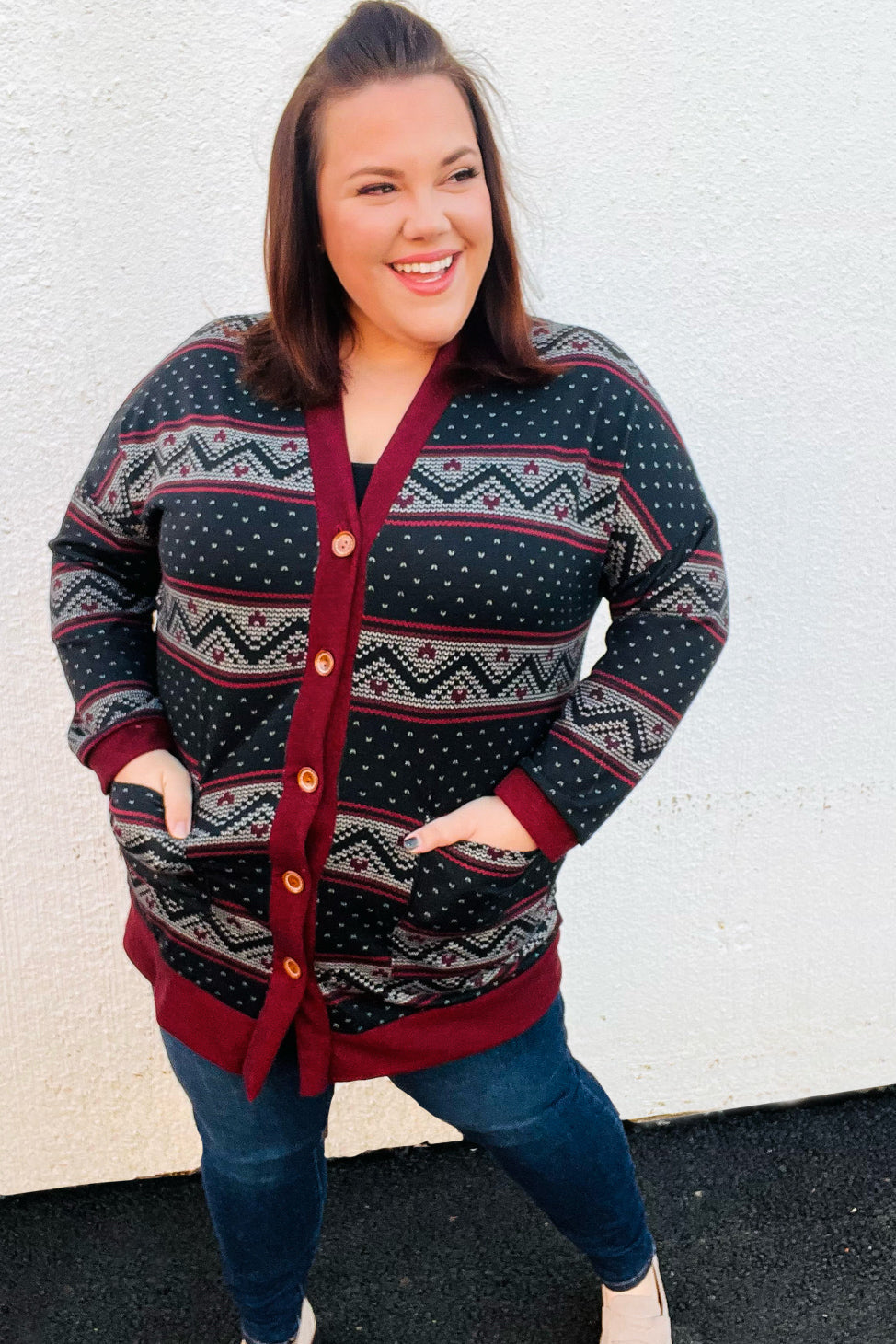 Burgundy Holiday Print Button Cardigan