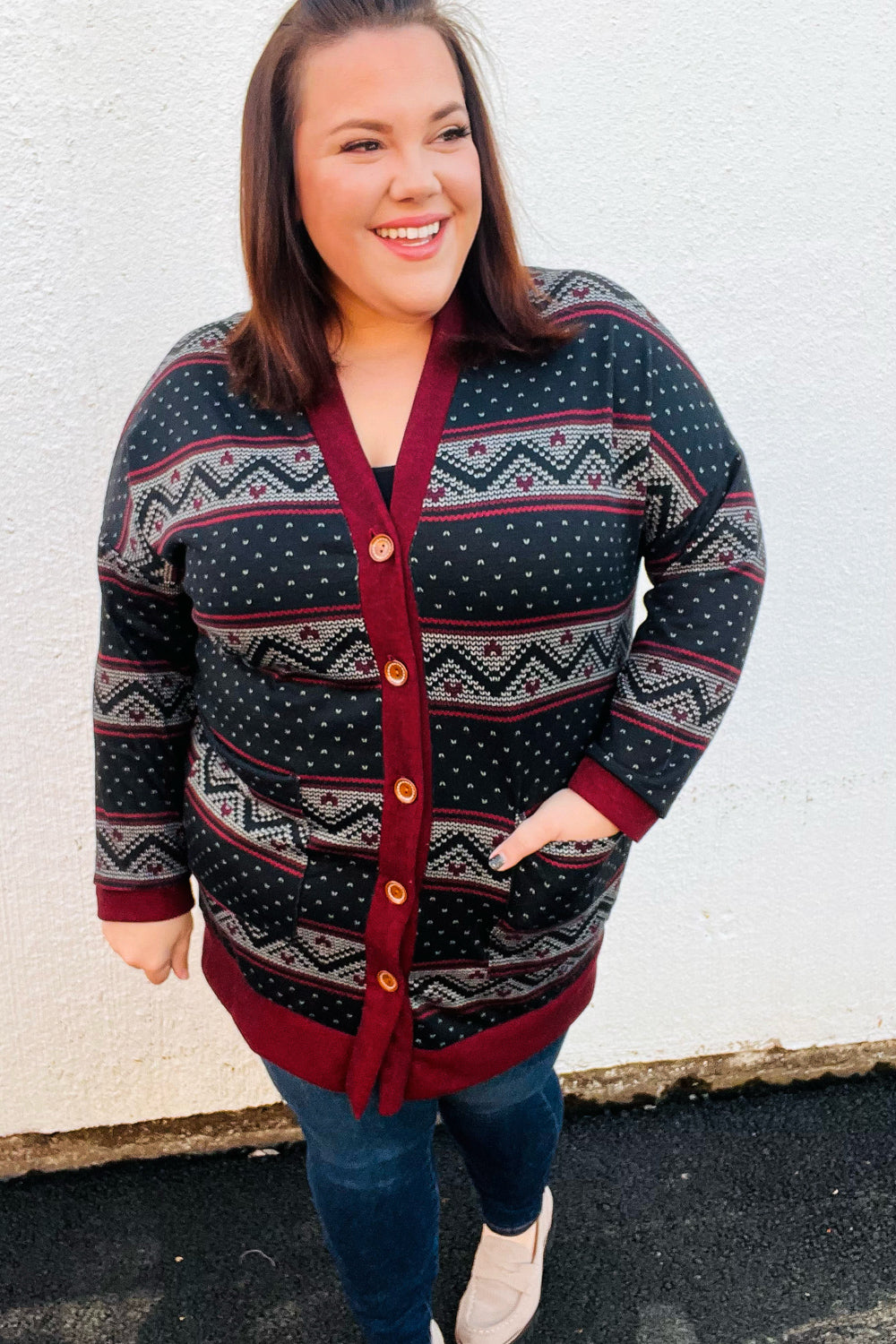 Burgundy Holiday Print Button Cardigan