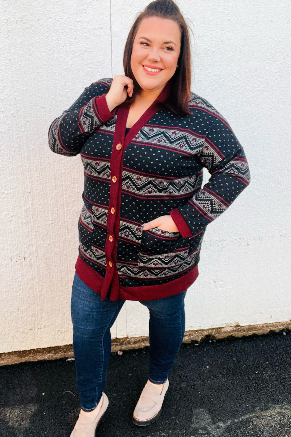 Burgundy Holiday Print Button Cardigan