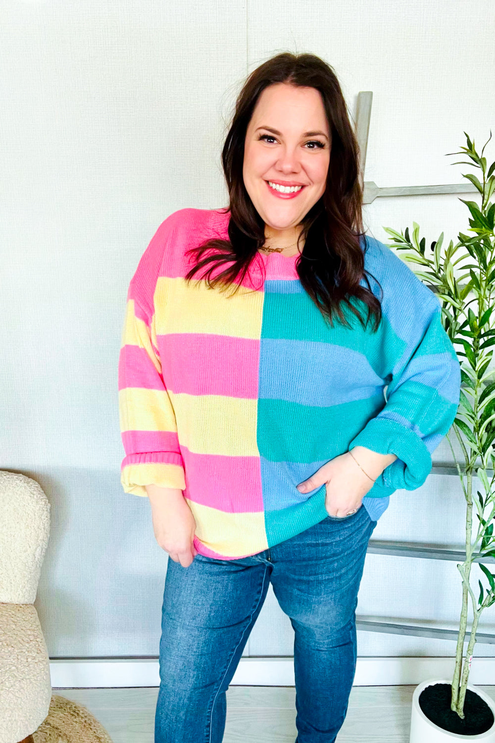 Blush & Blue Stripe Color Block Knit Sweater