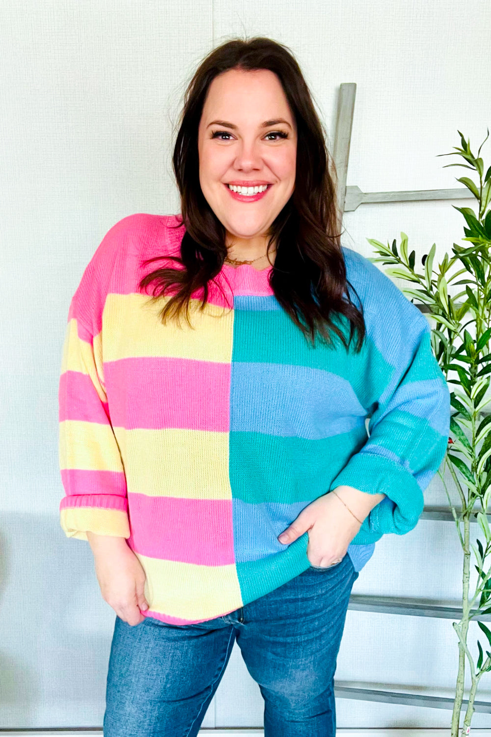 Blush & Blue Stripe Color Block Knit Sweater