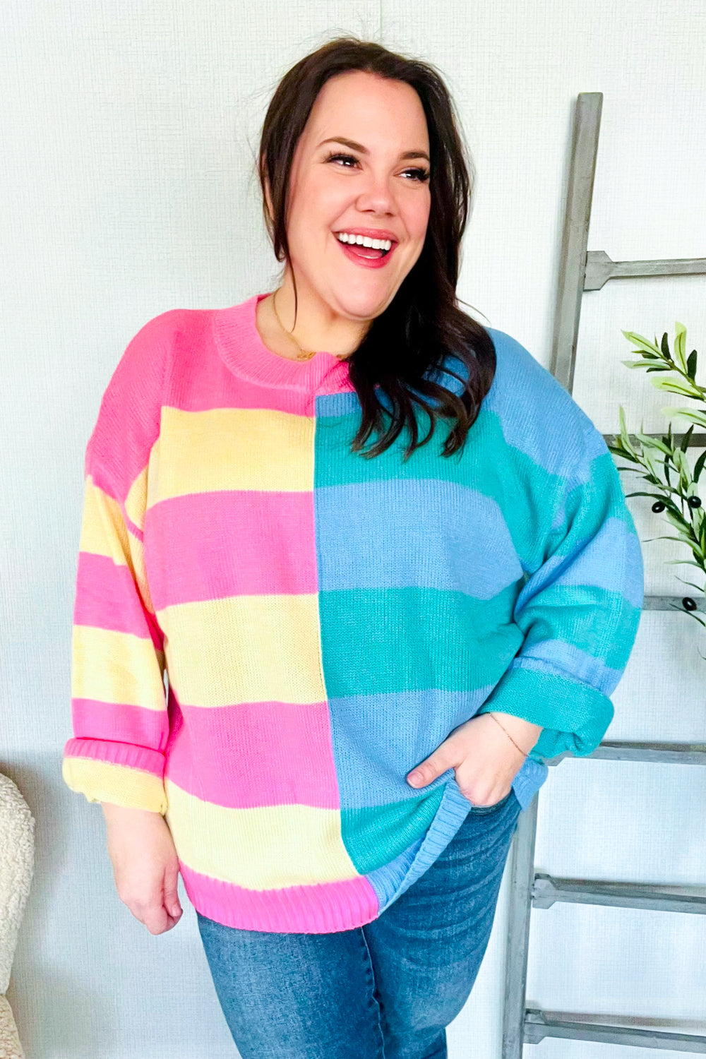 Blush & Blue Stripe Color Block Knit Sweater