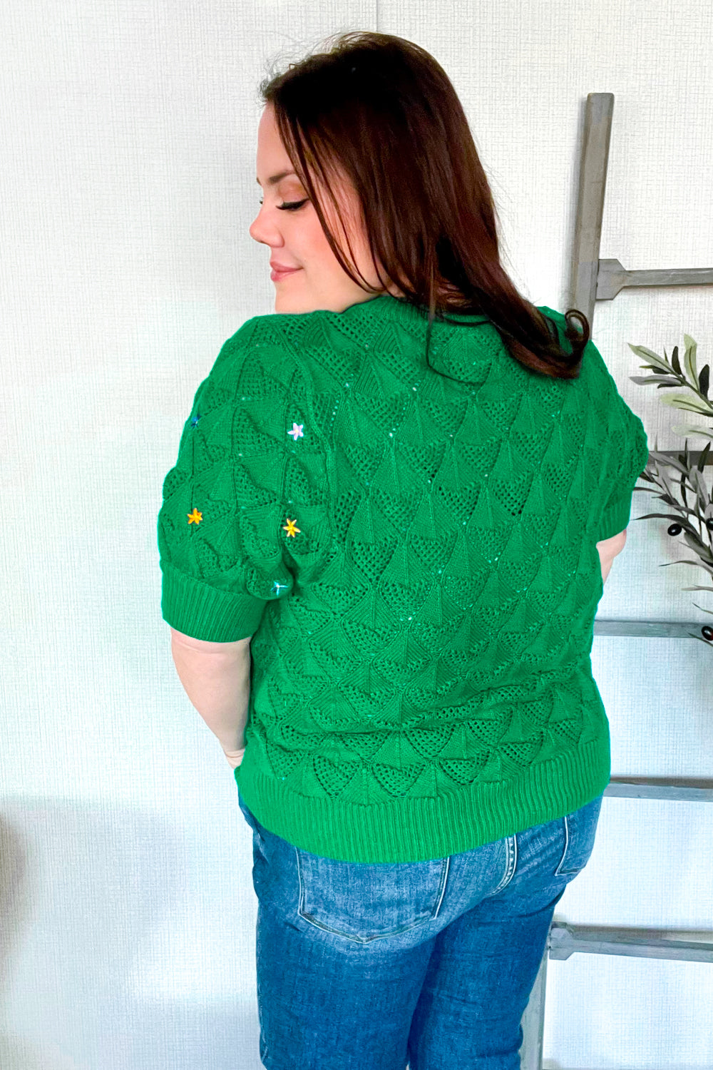 Embroidered Crochet Textured Short Sleeve Sweater