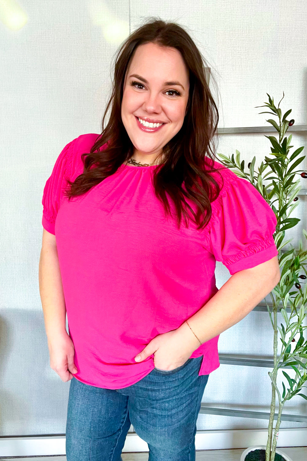 Solid Fuchsia Silk Shirred Cap Short Sleeve Blouse