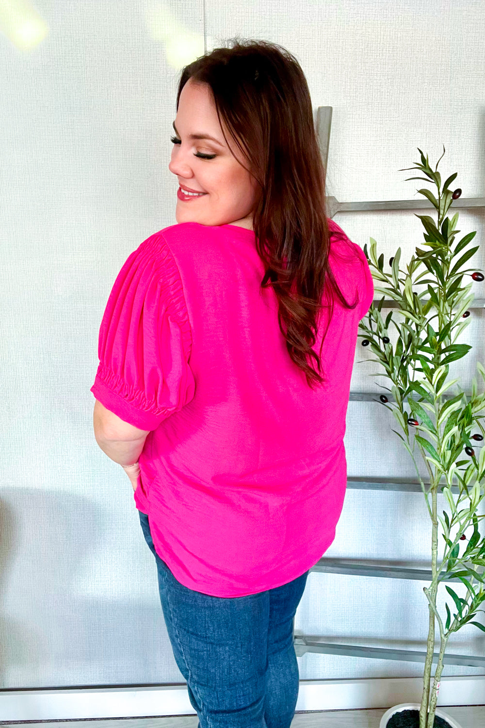 Solid Fuchsia Silk Shirred Cap Short Sleeve Blouse