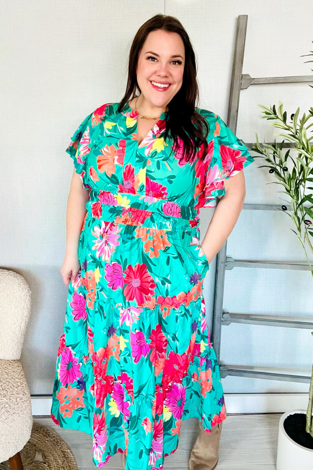 Multicolor Tropical Floral Smock Waist Tiered Midi Dress