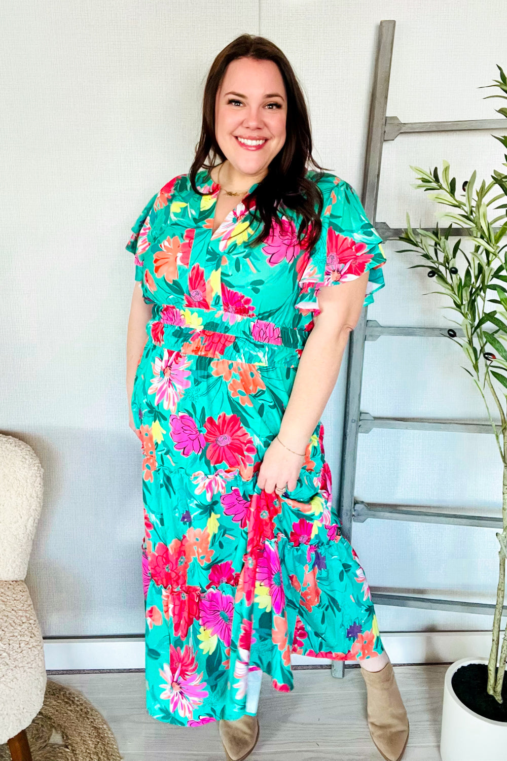 Multicolor Tropical Floral Smock Waist Tiered Midi Dress