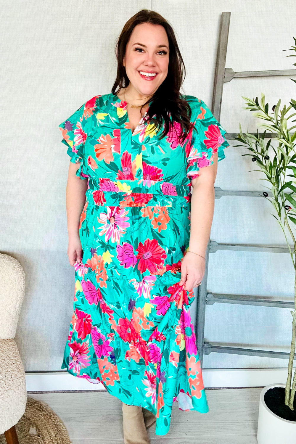 Multicolor Tropical Floral Smock Waist Tiered Midi Dress