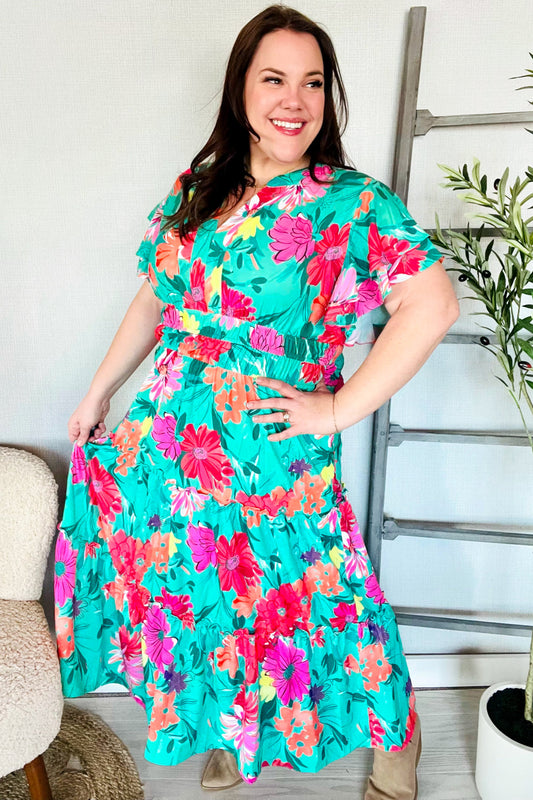 Multicolor Tropical Floral Smock Waist Tiered Midi Dress