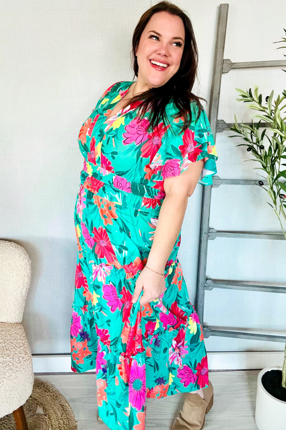 Multicolor Tropical Floral Smock Waist Tiered Midi Dress