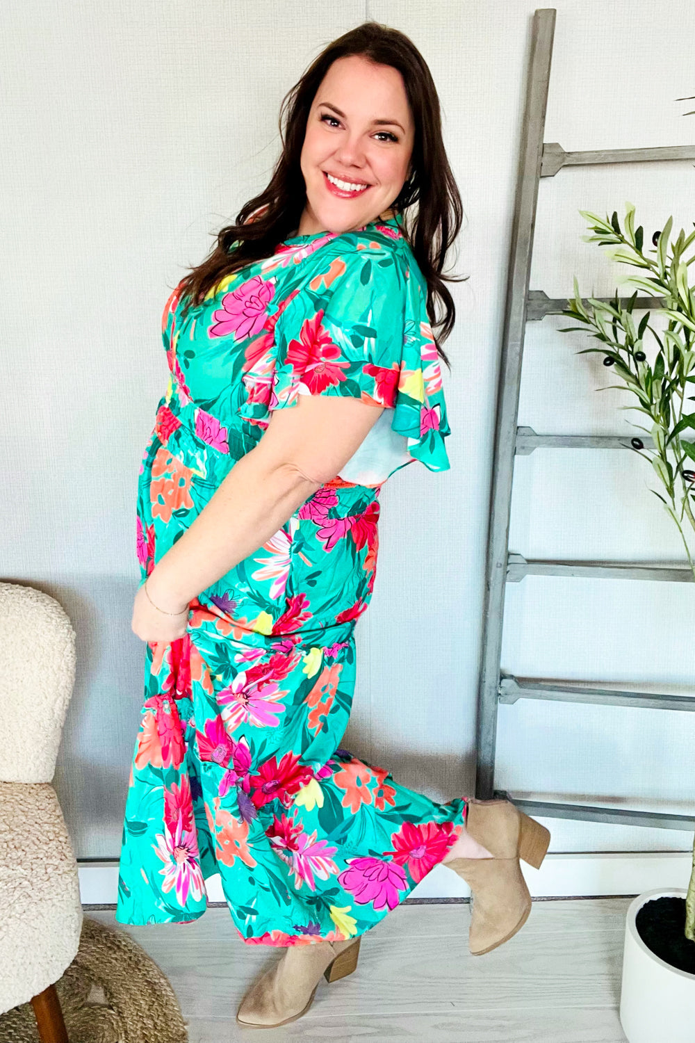 Multicolor Tropical Floral Smock Waist Tiered Midi Dress