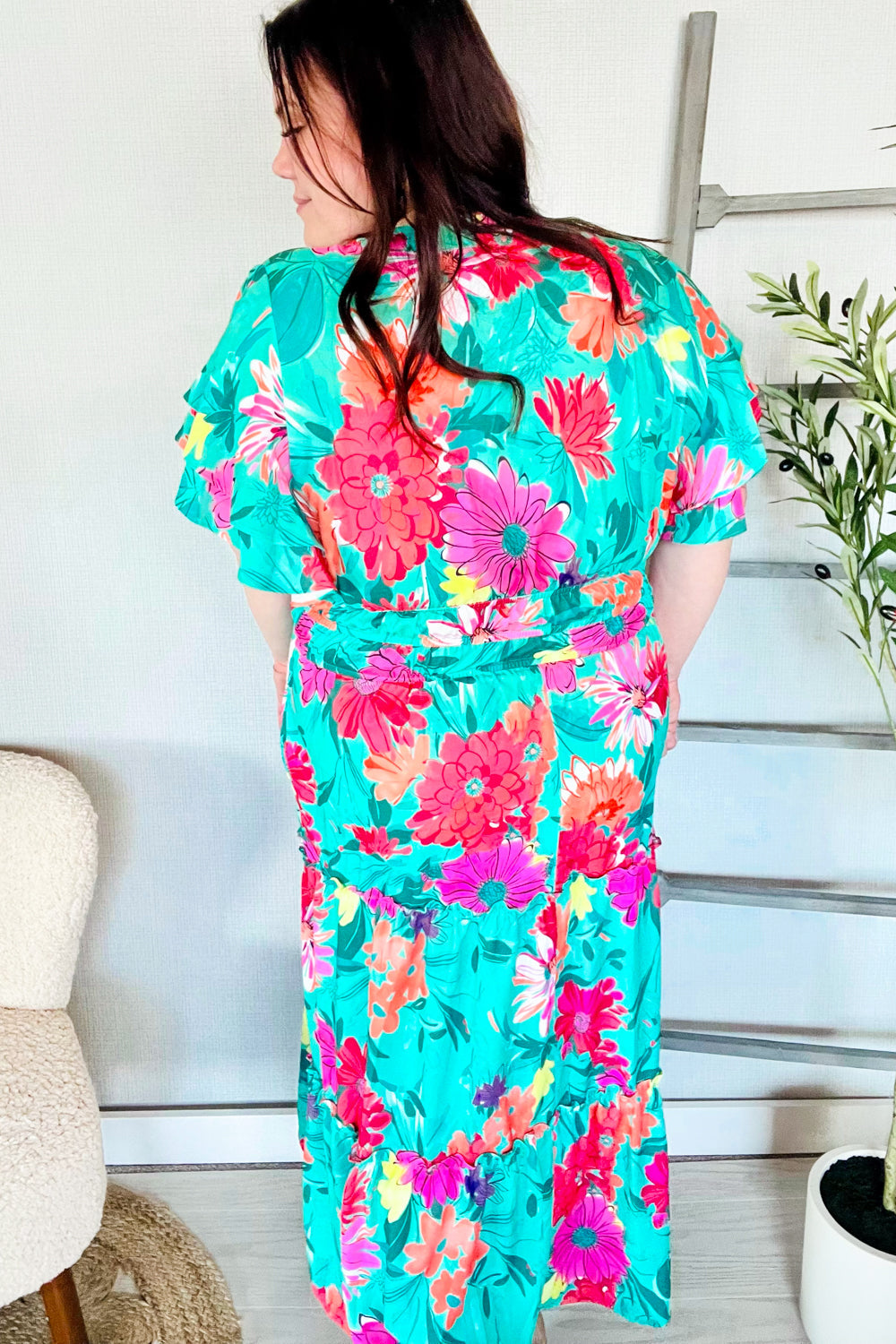 Multicolor Tropical Floral Smock Waist Tiered Midi Dress