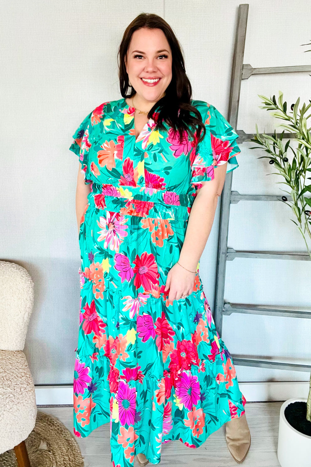 Multicolor Tropical Floral Smock Waist Tiered Midi Dress