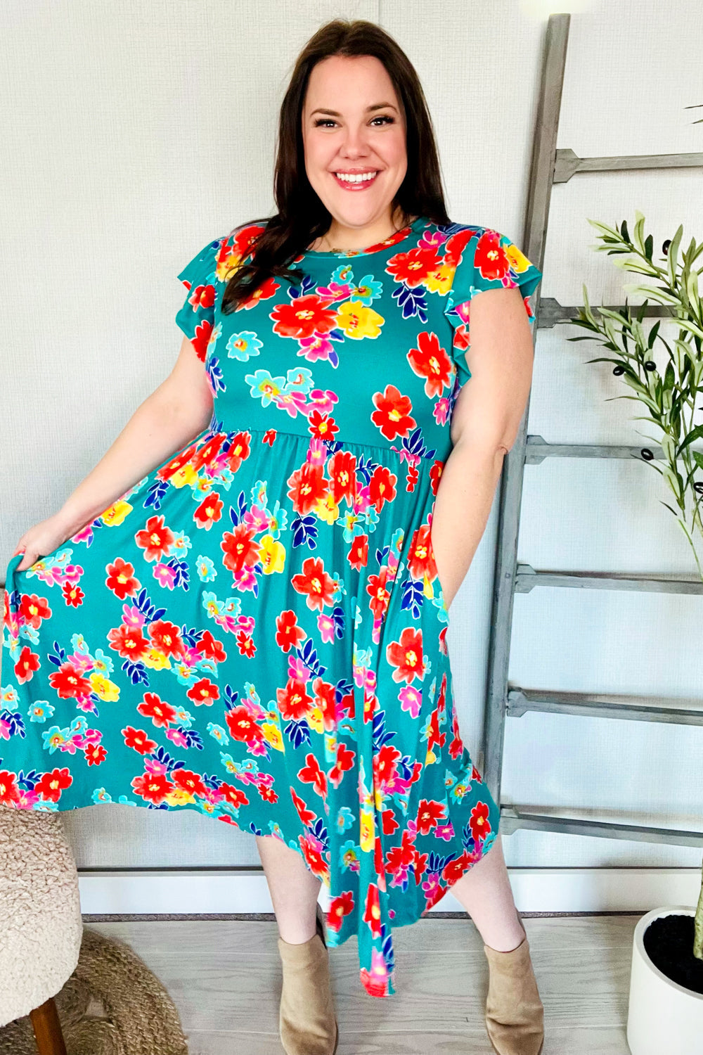 Emerald Floral Print Folded Flutter Sleeve Midi Dress