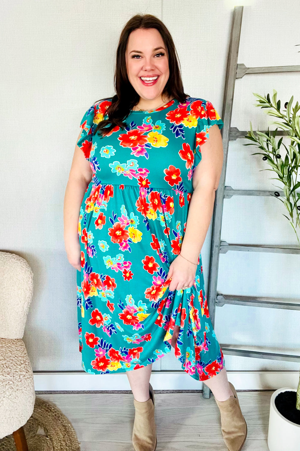 Emerald Floral Print Folded Flutter Sleeve Midi Dress