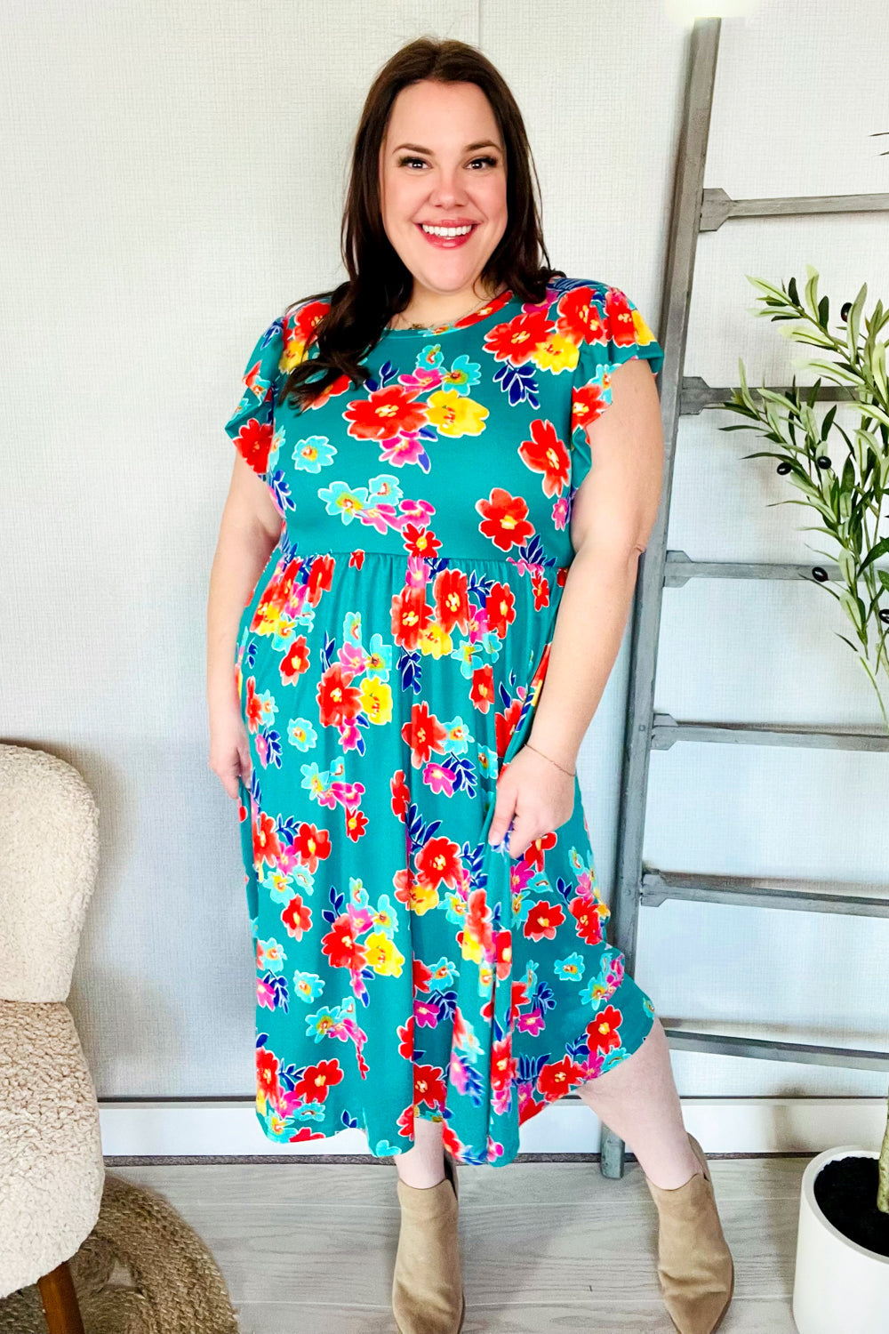 Emerald Floral Print Folded Flutter Sleeve Midi Dress