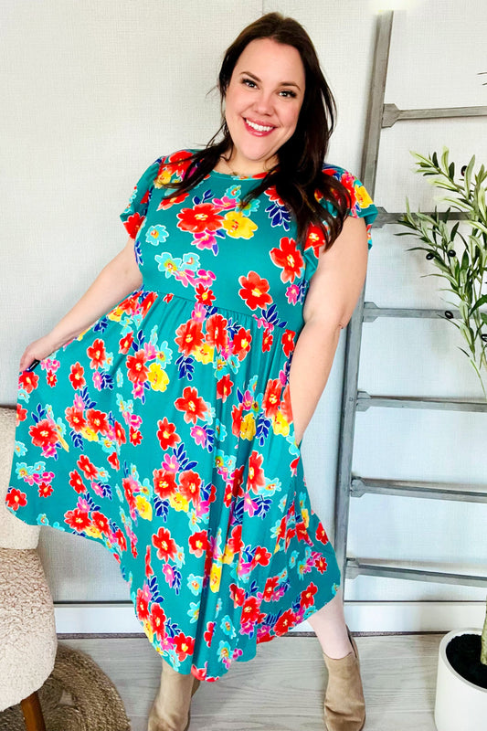 Emerald Floral Print Folded Flutter Sleeve Midi Dress