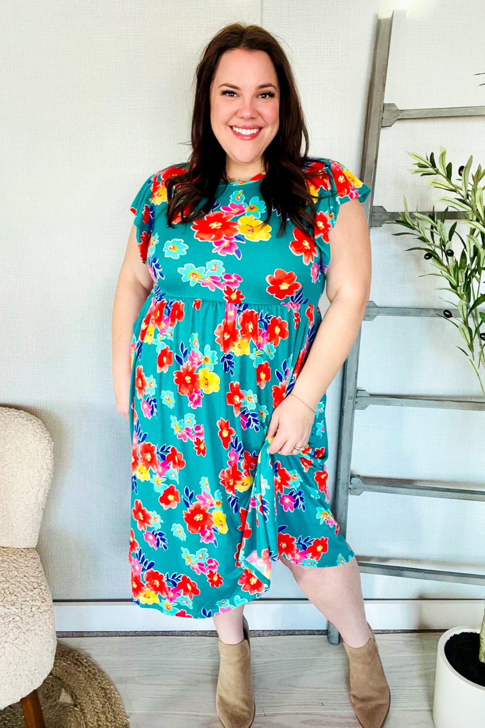 Emerald Floral Print Folded Flutter Sleeve Midi Dress